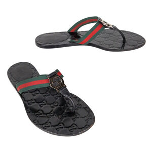 GUCCI Black Web Stripe Interlocking GG Thong Sandals Women's EU 37 US 7